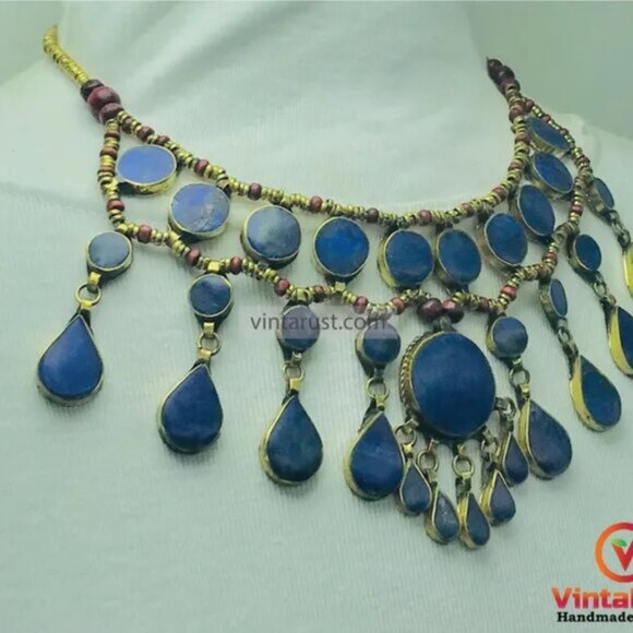 Lapis Lazuli Afghan Bib Necklace: Ethnic Teardrop Jewelry - Picture 2 of 9
